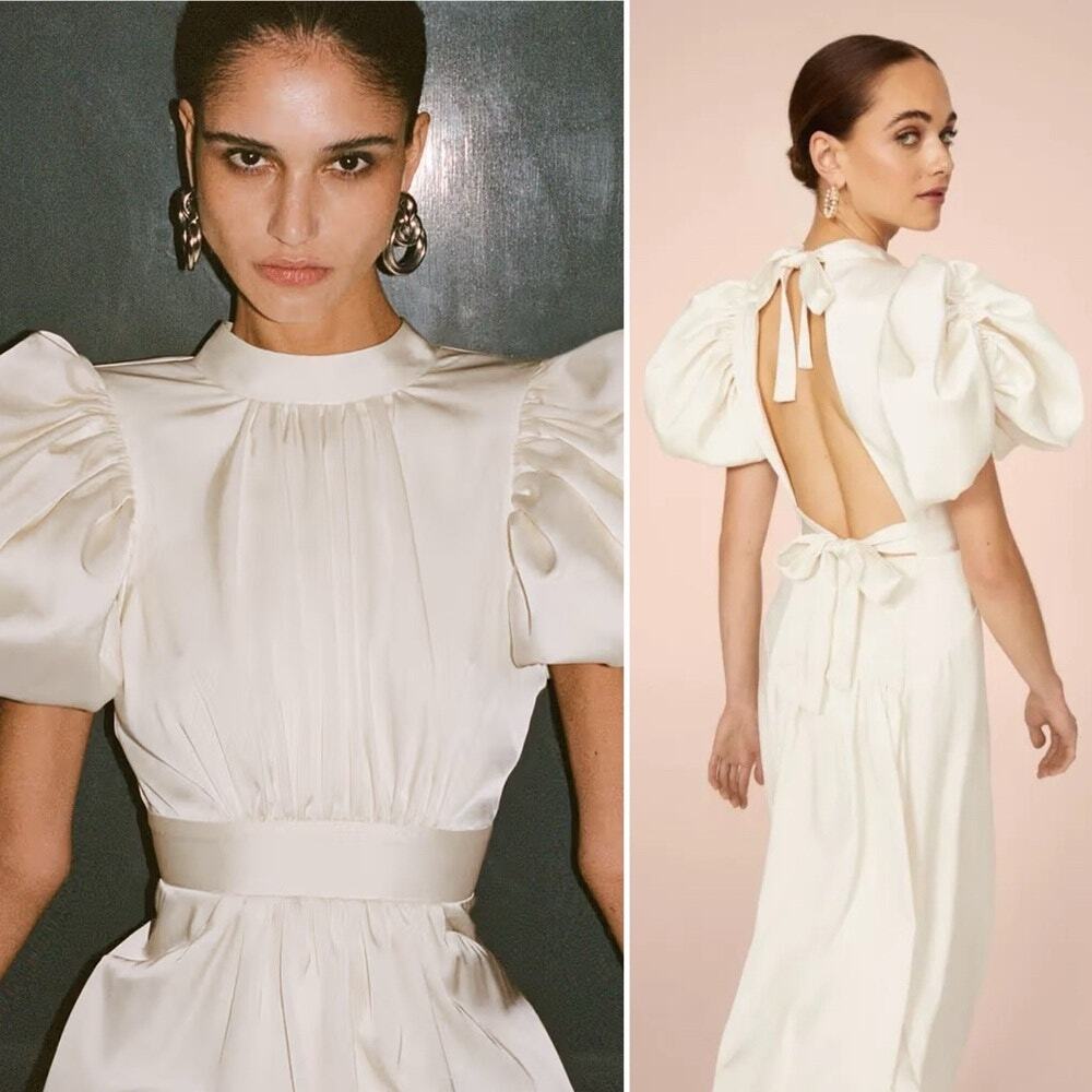 ROTATE Noon Puff Sleeve Open Back Midi Dress Satin Bridal NWT 2 - Picture 2 of 16